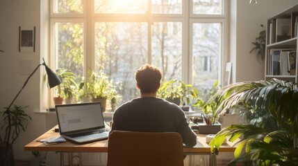 Fototapeta premium Young artist sketching in a bright, minimalist studio, natural light streaming in from large windows