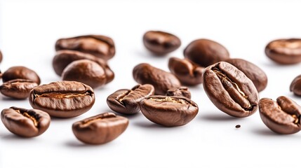 Naklejka premium Floating coffee beans isolated on white background, showcasing rich texture and detail, perfect for coffee-related design and advertising concepts.