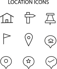The  set of 9 location icons.  including a house, a direction sign, a push pin, a flag, a pin, a speech bubble with a house and so on.