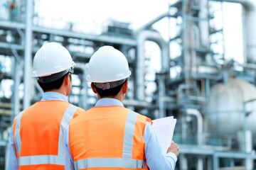 Engineers in Safety Gear Conducting Comprehensive Assessments of Industrial Facilities. Civil employees team review project plan at industrial facility factory building. Construction Industry. Outdoor