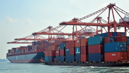 Naklejka premium Cargo Ship Docked at a Busy Port With Towering Cranes and Colorful Shipping Containers During the Day