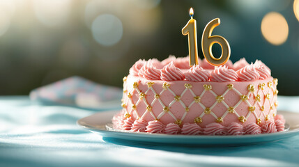 Elegant pink birthday cake with a number 16 candle