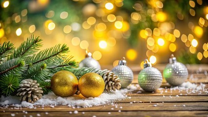 xmas rustic background with christmas tree and decorations, balls, fir branches and garland, New Year modern decorations background