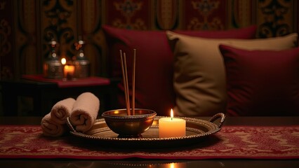 Serenity in a Cozy Room With Candles, Incense, and Towels Creating a Calming Atmosphere for Relaxation and Self-Care