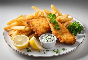 Enjoy crispy fish and chips served with golden fries on a white background, perfect for a classic and delicious meal.