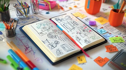 Fototapeta premium A dynamic tabletop scene where an open notebook filled with sketches is flanked by scattered sticky notes and colorful doodles, representing brainstorming ideas.