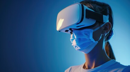 Person using virtual reality glasses and face mask in a studio setting, exploring augmented reality and technology for sensory experiences and digital interactions against a blue backdrop