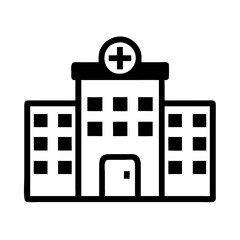 Hospital building icon with a red cross symbol on a white background