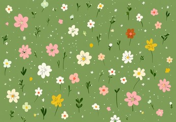 Green Background with Small Flowers and Grass, Simple Flat Kawaii Illustration Style