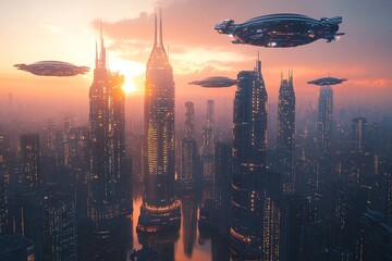 Fototapeta premium A stunning futuristic city skyline at dawn, featuring sleek skyscrapers with reflective surfaces and flying cars zipping by overhead. The sky is painted with vibrant hues of orange 