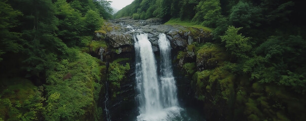 Obraz premium A dramatic aerial view of a majestic waterfall cascading down a rocky cliff surrounded by lush greenery