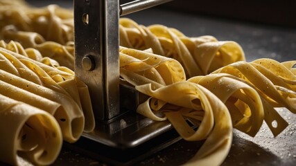 Freshly rolled pasta strands arranged around a metal pasta machine.