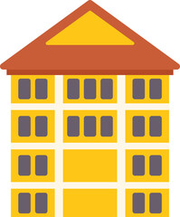 Yellow apartment building facade with many windows and a mansard roof, in a flat design style