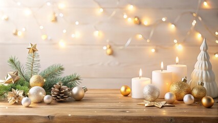 christmas candles and decorations, fir branches and garland on rustic table, New Year decorations...