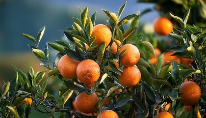 Ripe oranges hang from the branches of a citrus tree in a summer orchard