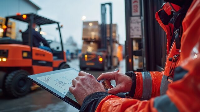 Hands jotting down notes on a tablet, forklift operator loading pallets onto a truck in the background, emphasizing the dynamic work environment and multitasking.
