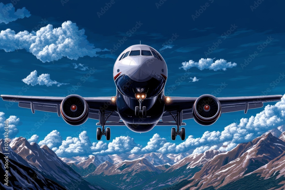 Poster A pixel art airplane with retro 8-bit styling, flying through a pixelated sky with clouds and mountains below