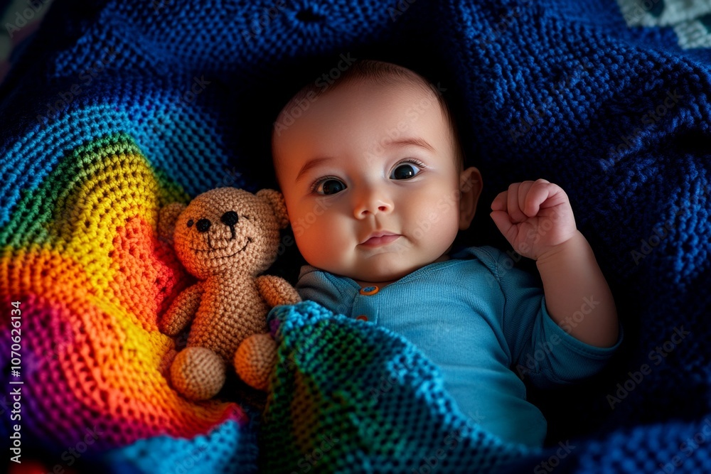 Poster a pixel art baby in a cute onesie, sitting on a colorful blanket with a tiny pixelated teddy bear, s