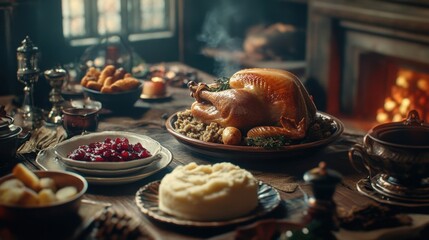 Festive Dinner Table with Roast Turkey and Sides