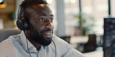 Fototapeta premium Customer support during a video call with a man taking part in a networking webinar. Featuring communication headsets, an office setup, and a telecom agent discussing sales