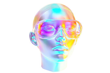 A stylized mannequin head wearing colorful, reflective sunglasses, showcasing a modern and artistic design.