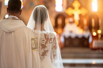 Couple exchanging vows at the altar during a wedding ceremony, expressing commitment, love, and support with a religious officiant present