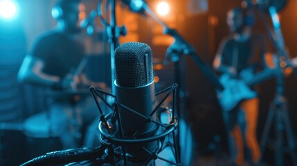 Musicians recording in a studio using a tablet for live streaming, featuring microphones, headphones, and a creative collaboration for a record label