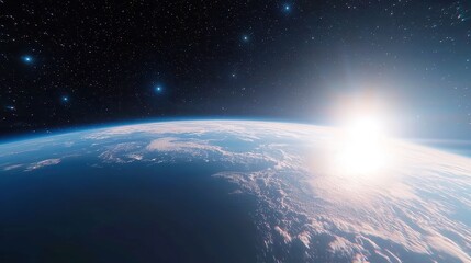 Fototapeta premium Celestial Dawn, A breathtaking view of Earth at sunrise from space, showcasing the planet's rotation, luminous atmosphere, dynamic clouds, and twinkling stars in the vast cosmos