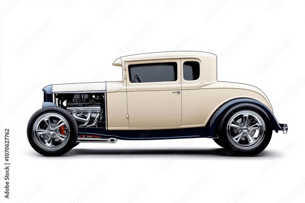 Poster A simple 2D drawing of a classic car with clean lines and soft colors, set against a plain white background
