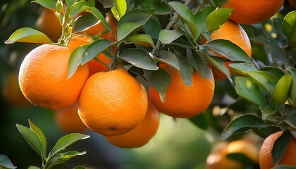 Ripe oranges hang from the branches of a citrus tree in a summer orchard