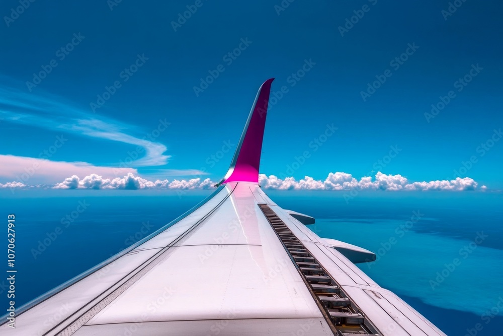 Poster a simple illustration of an airplane wing with a single line for the horizon, symbolizing travel and