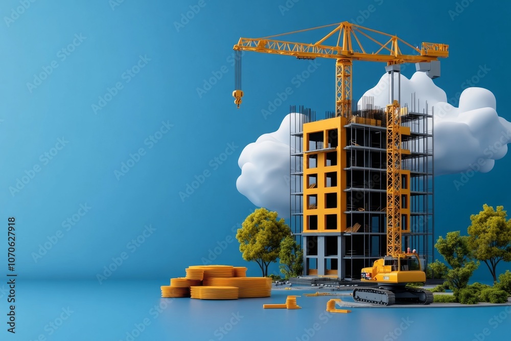 Aufkleber a simple illustration of a building under construction with cranes and scaffolding, in a flat design