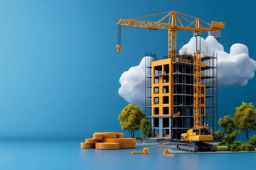 A simple illustration of a building under construction with cranes and scaffolding, in a flat design style