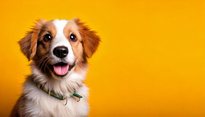 Fototapeta premium Joyful dog jack russell terrier isolated on yellow background banner with place 