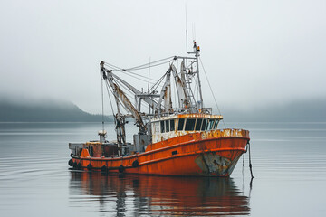 Fototapeta premium Selective focus fisherman boat with fishing net on boat, Trawler with trawl in local sea, Old fishing boat with rusty on the water.