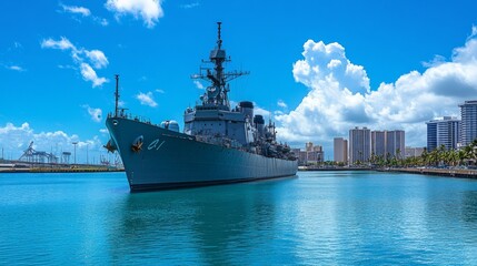 Obraz premium Battleship in Tropical Harbor
