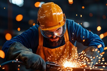 A steelworker welding on a construction site, with sparks flying in a realistic depiction of his work