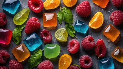 A vibrant arrangement of fruits and colorful gelatin desserts on a textured surface.
