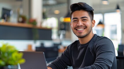 Obraz premium Joyful businessman working on a corporate project at his office on a laptop, embodying confidence and professionalism while conducting research