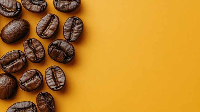 A collection of coffee beans on a vibrant orange background, highlighting their texture and color.