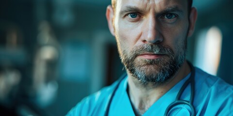 Headshot portrait of a healthcare professional, adult male, suitable for promotional use in a clinical setting. Depicts a mature expert against a neutral background