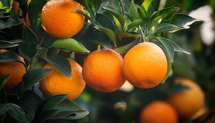 Ripe oranges hang from the branches of a citrus tree in a summer orchard