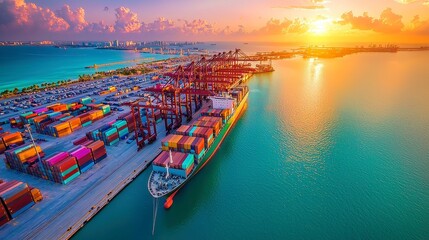 Obraz premium Aerial view of Port Miami showcasing container ship along the wharf, port infrastructure, cranes, parking lots, and vibrant multi-colored containers.