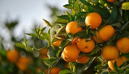 Ripe oranges hang from the branches of a citrus tree in a summer orchard