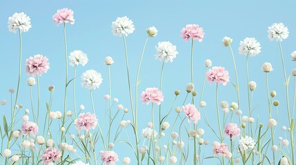 Rows of delicate white and pink scabiosa flowers against a brilliant blue sky, their pincushion blooms adding a whimsical touch