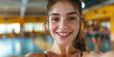 Excited woman practicing gymnastics and preparing for an aerobics competition, focusing on fitness, balance, flexibility, and dance routine