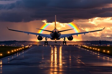 An airplane with a rainbow forming around it as sunlight refracts off the wings, against a backdrop of fluffy clouds