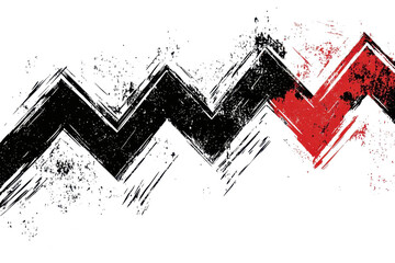 A bold, abstract design featuring zigzag patterns in dark tones with a striking red shape intersecting.