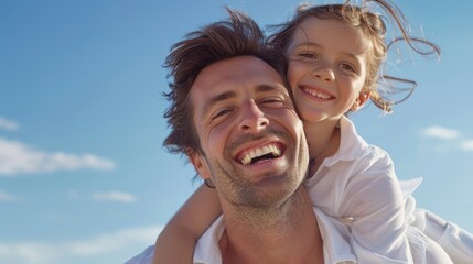 Obraz premium Joyful father enjoying a piggyback ride with his daughter, as she plays with her arms stretched out on a bright sunny day