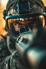 Naklejka na ściany i meble Paintball weapon in action, with an individual aiming at a target, showcasing training for combat scenarios. Military equipment and dynamic shooting in a practice setting
